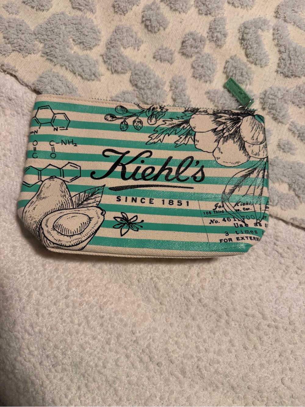 Kiehl's Mint & Cream Striped Zip Cosmetic Pouch